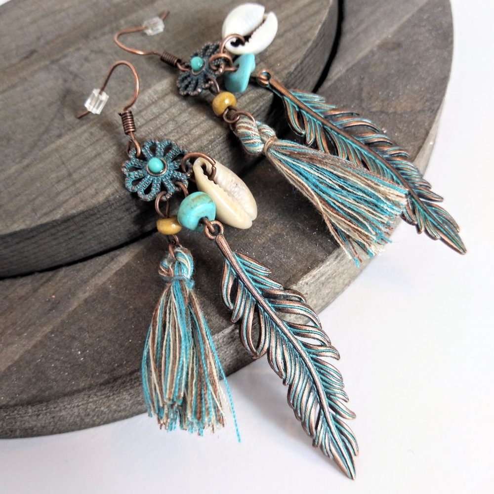 Boho teal feather tassel dangle earr…